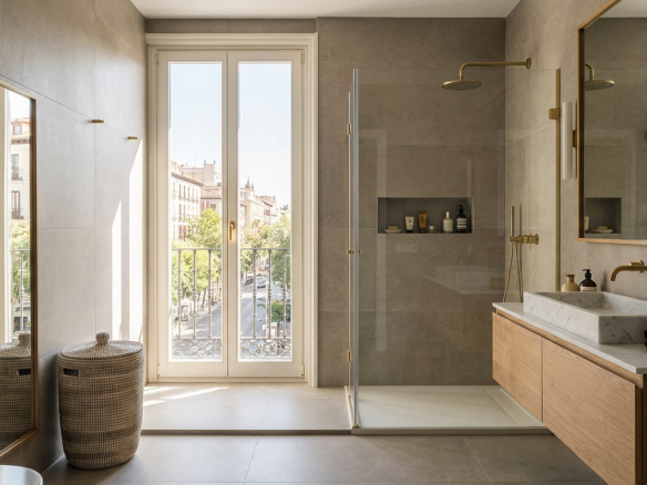 Baño reformado en Madrid con ducha de obra, mueble suspendido y grifería en latón mate