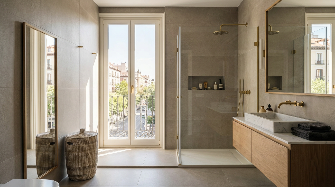 Baño reformado en Madrid con ducha de obra, mueble suspendido y grifería en latón mate