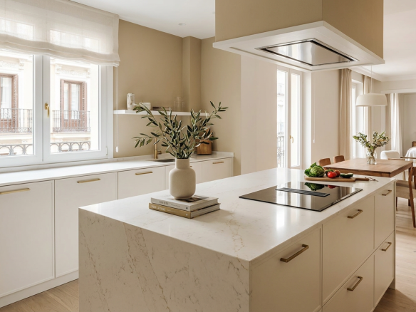 Cocina reformada en Madrid con isla central, mobiliario blanco y tarima de roble