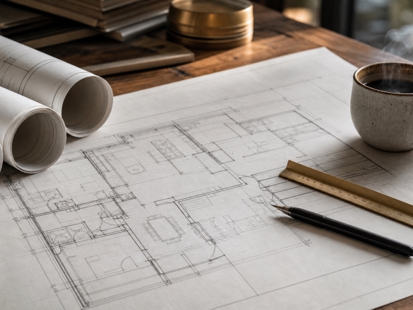 Licencia de obra en Madrid — planos arquitectónicos sobre mesa de trabajo.
