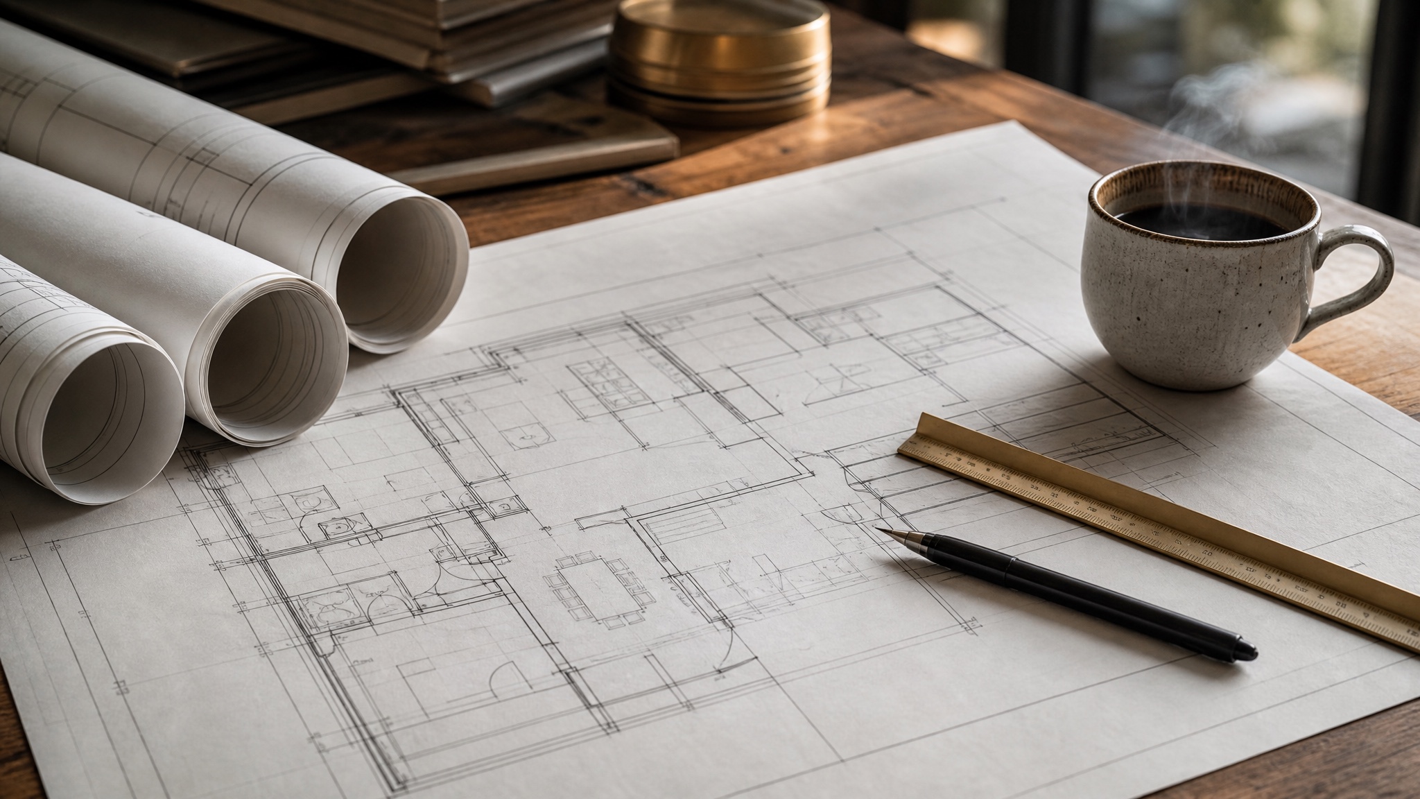 Licencia de obra en Madrid — planos arquitectónicos sobre mesa de trabajo.