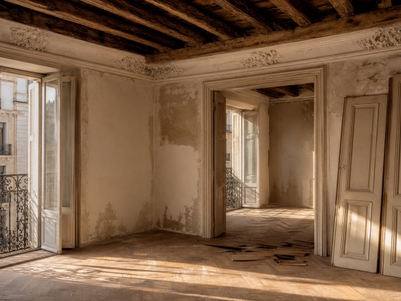 Reformar piso antiguo en Madrid — vigas de madera y escayolas originales en finca pre-1960.