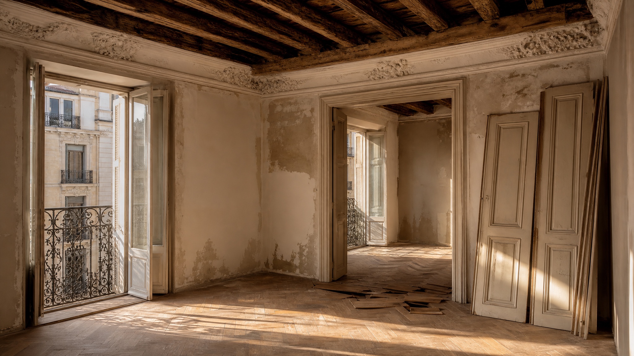 Reformar piso antiguo en Madrid — vigas de madera y escayolas originales en finca pre-1960.